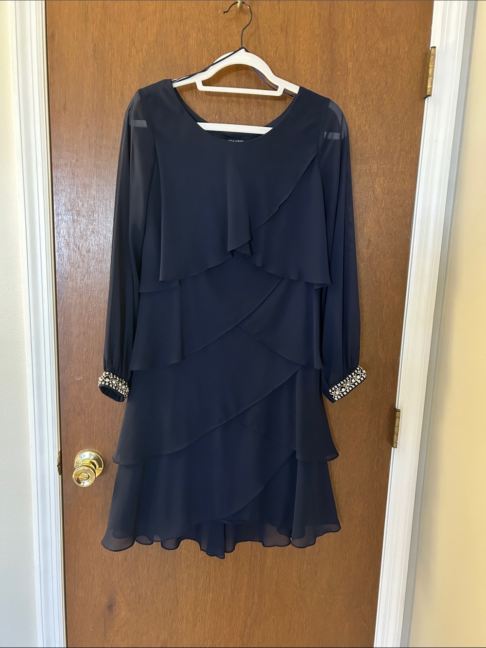 Women's Navy Layered Chiffon Long Sleeve Dress with Embellished Cuffs